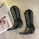 Fashion Embossed Microfiber Leather Women Boots Pointed Toe Western Cowboy Boots Women Knee-High Boots Chunky Wedges
