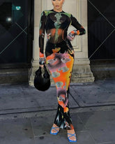 Print Long Sleeves Graphic Patchwork Sexy Slim Maxi Prom Dress