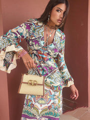 Vintage Flower Print V Neck Loose Long Boho Dress