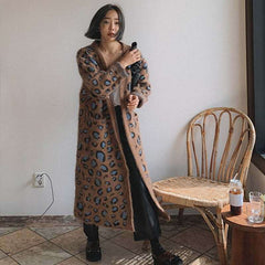Leopard-print Sweater Knee-length Casual V Neck Full Cardigan Coat