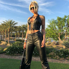 Hollow out crop PU small vest female