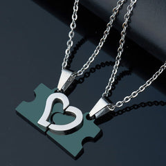 Name Engraved 2 Hearts Puzzle Pendants For Him and Her