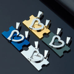 Name Engraved 2 Hearts Puzzle Pendants For Him and Her