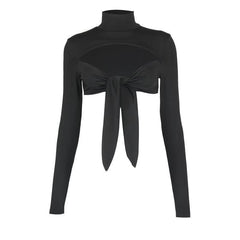 Open-back High-necked Front Chest Tie Cutout Solid Color Long-sleeved Crop Top