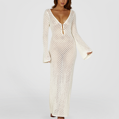 White crochet Knitted Dress With Key-Hole Cut-Outs