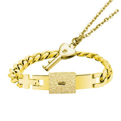Engraved Real Lock and Key Couple Bracelet Necklace Set - Personalized Gift for 2