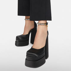 Black Satin Double Platform Ankle Strap Sandals