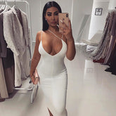 Pure Color Sling Deep V Sexy Slim Backless Dress