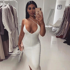 Pure Color Sling Deep V Sexy Slim Backless Dress