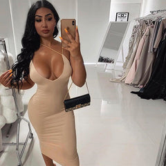 Pure Color Sling Deep V Sexy Slim Backless Dress