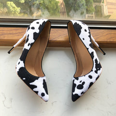 Cow Print Flock Pointy Toe High Heel Shoes