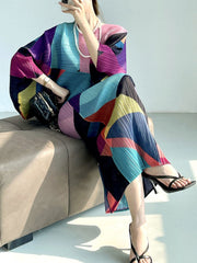 Pleated Batwing Sleeves Dress V-neck