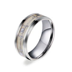 Night Glowing Heartbeat Mens Ring with Engraving