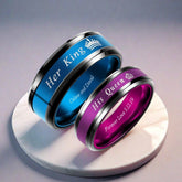 Her King His Queen Wedding Bands - Engraved Titanium Set