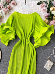 Round Neck Flare Short Sleeve Pleated Long Dress Vintage High Waist Ruffles
