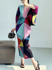 Pleated Batwing Sleeves Dress V-neck