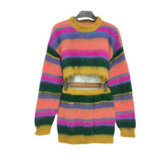 Hit Color Two Piece Sets For Women Round Neck Long Sleeve Tops High Waist Skirts A Line Skirts Knitted Skirt Female