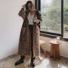 Leopard-print Sweater Knee-length Casual V Neck Full Cardigan Coat