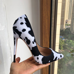 Cow Print Flock Pointy Toe High Heel Shoes
