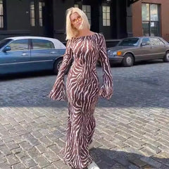 Zebra Print Long Mesh Dress Women Long Sleeve Loose Party Dresses Chiffon