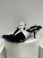 Women Golden Chain Decor Heeled Mules Open Toe Kitten Heel