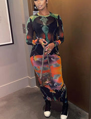 Print Long Sleeves Graphic Patchwork Sexy Slim Maxi Prom Dress