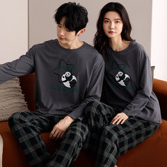 Matching Couple Pajamas Set �100% Cotton Panda Print with Plaid Pants