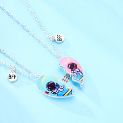 Magnetic Half Hearts Spaceman BFF Necklaces Set