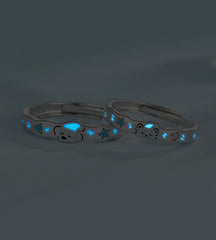 Luminous Sleeping Bear & Cat 925 Sterling Silver Couples Rings Set | Adjustable Glow in the Dark Matching Jewelry