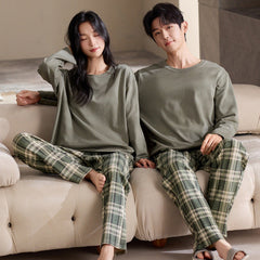 Matching Couple Pajamas Set �Green Plaid, Soft Cotton Minimalist Style