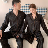 Romantic Minimalist Faux Silk Couple Pajamas �Heart Print Luxury Sleepwear Set by Gullei