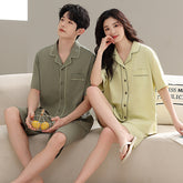 Soft Cotton Couple PJs - Short Sleeve Cardigan Style