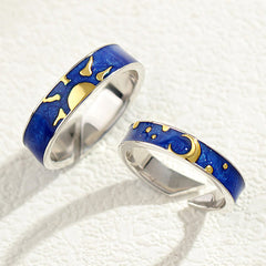 Sun & Moon Adjustable Sterling Silver Couple Rings - Gold Plated Promise Set