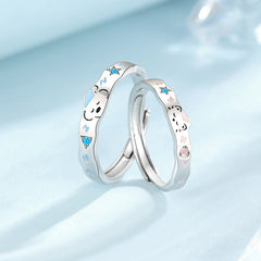 Luminous Sleeping Bear & Cat 925 Sterling Silver Couples Rings Set | Adjustable Glow in the Dark Matching Jewelry