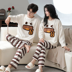 Matching Couple Pajamas Set �Thermal Plush Peace Sign Cartoon & Striped Pants