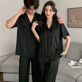 Minimalist Elegant Faux Silk Couple Pajamas �Stylish Black Satin Sleepwear Set by Gullei