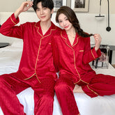 Red Faux Silk Couple Pajamas �Festive Luxury & Classic Chic