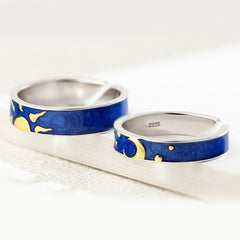 Sun & Moon Adjustable Sterling Silver Couple Rings - Gold Plated Promise Set