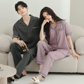 Minimalist Contrast Piping Cotton Couple Pajamas