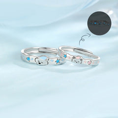 Luminous Sleeping Bear & Cat 925 Sterling Silver Couples Rings Set | Adjustable Glow in the Dark Matching Jewelry