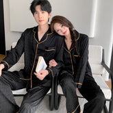 Matching Couple Pajamas �Geometric Jacquard Faux Silk Set with Gold Piping