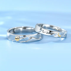 Engraved Sun and Moon Promise Rings Set - Adjustable Sterling Silver Couple Rings