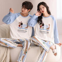 Matching Couple Pajamas Set �100% Cotton Cartoon Puppy & Striped Pants