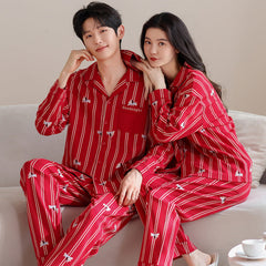 Matching Couple Pajamas Set �Red Stripe Dog Embroidery, 100% Cotton