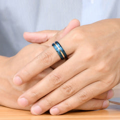 Engraved Mens Promise Ring Blue Tungsten 8mm