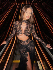 Sexy Long Sleeve Lace Hollow Out Design Long Dress