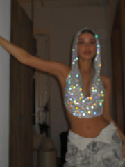 Rhinestone Fishnet Hollow Out Crop Top