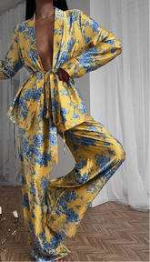Yellow Print Womens 2 Piece Outfit Set Casual Satin Long Sleeve Lace-Up Shirts