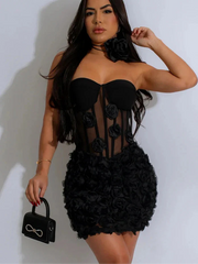 3D Flower See Through Strapless White Mini Dresses