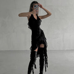 Women's rouge neckline asymmetric dress
